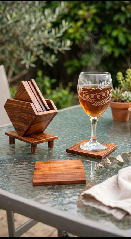 Sheesham Wood Coaster Set with Holder – Natural Wooden Drink Coasters