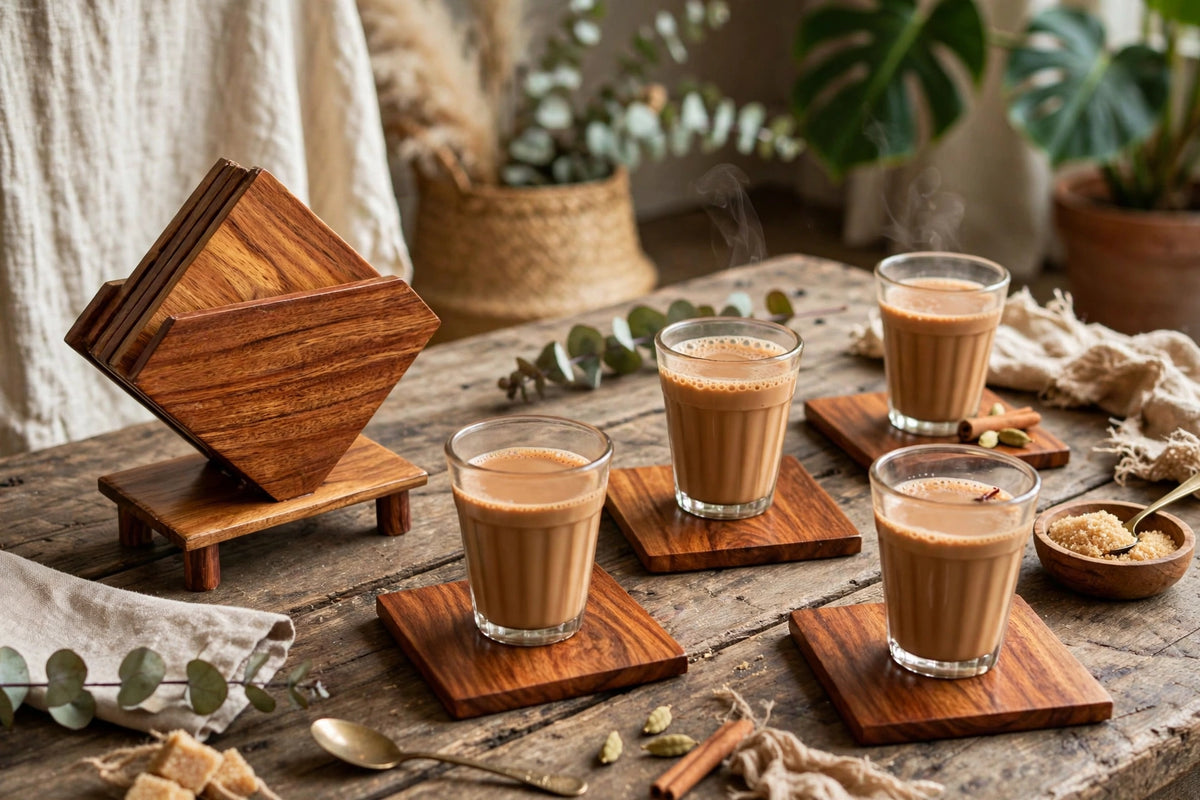Sheesham Wood Coaster Set with Holder – Natural Wooden Drink Coasters
