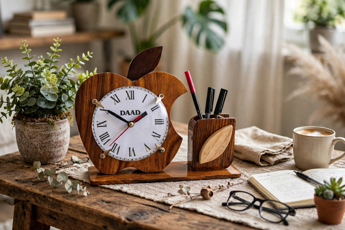 Wooden Apple Desk Clock with Pen Holder | Handmade Office Organizer & Custom Gift