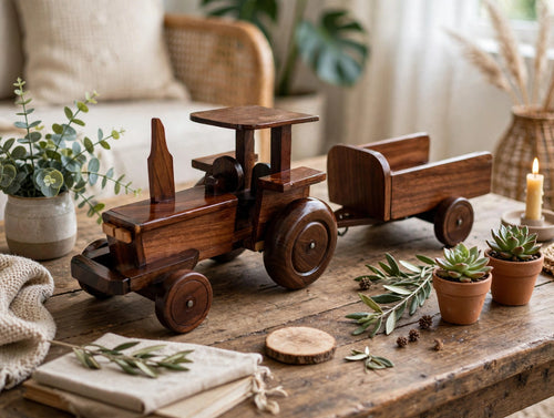 Handcrafted Wooden Tractor with Trailer – Premium Wooden Decorative Showpiece