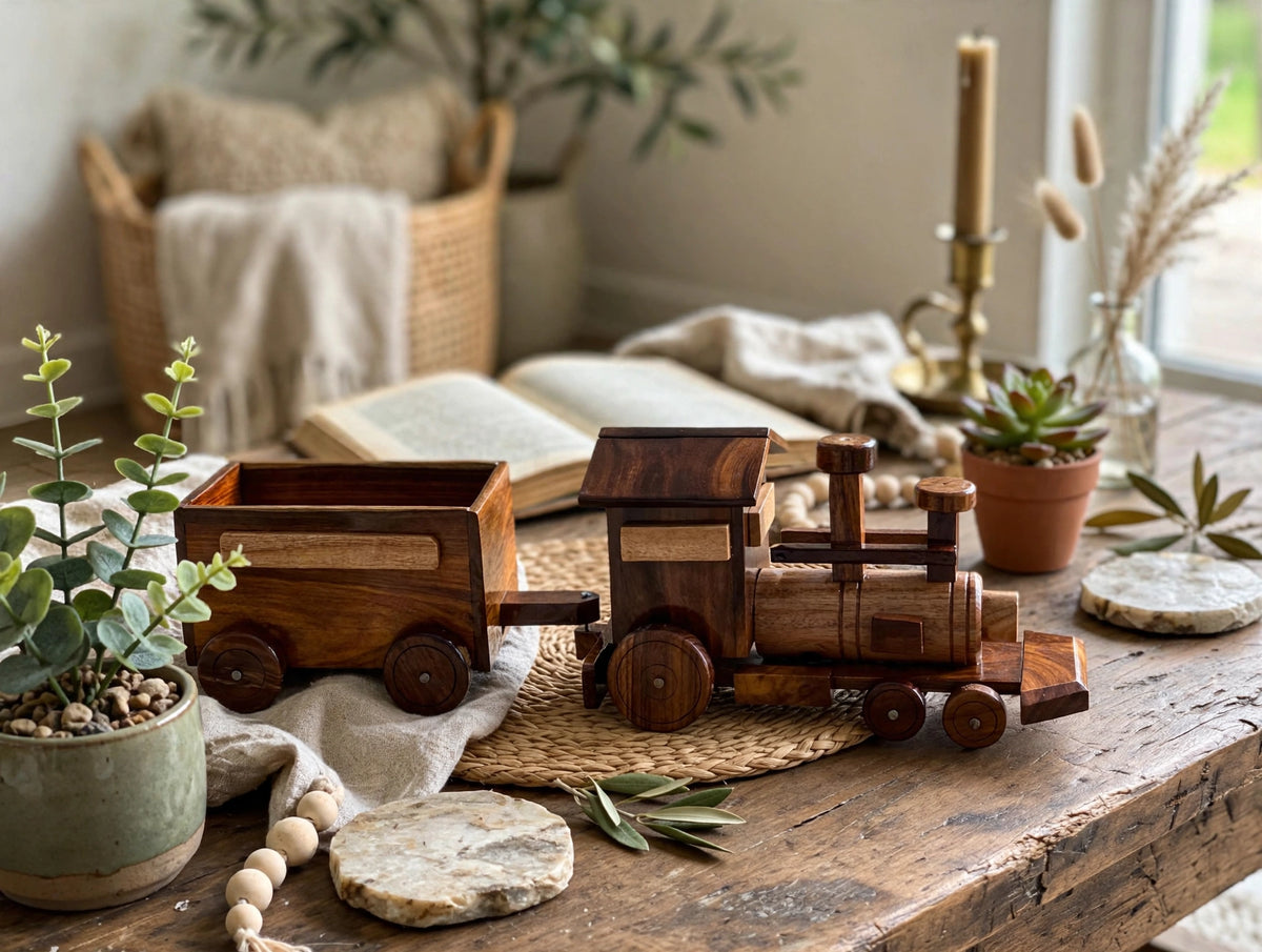 Handmade Wooden Train Set Model –  Locomotive & Wagon Decor