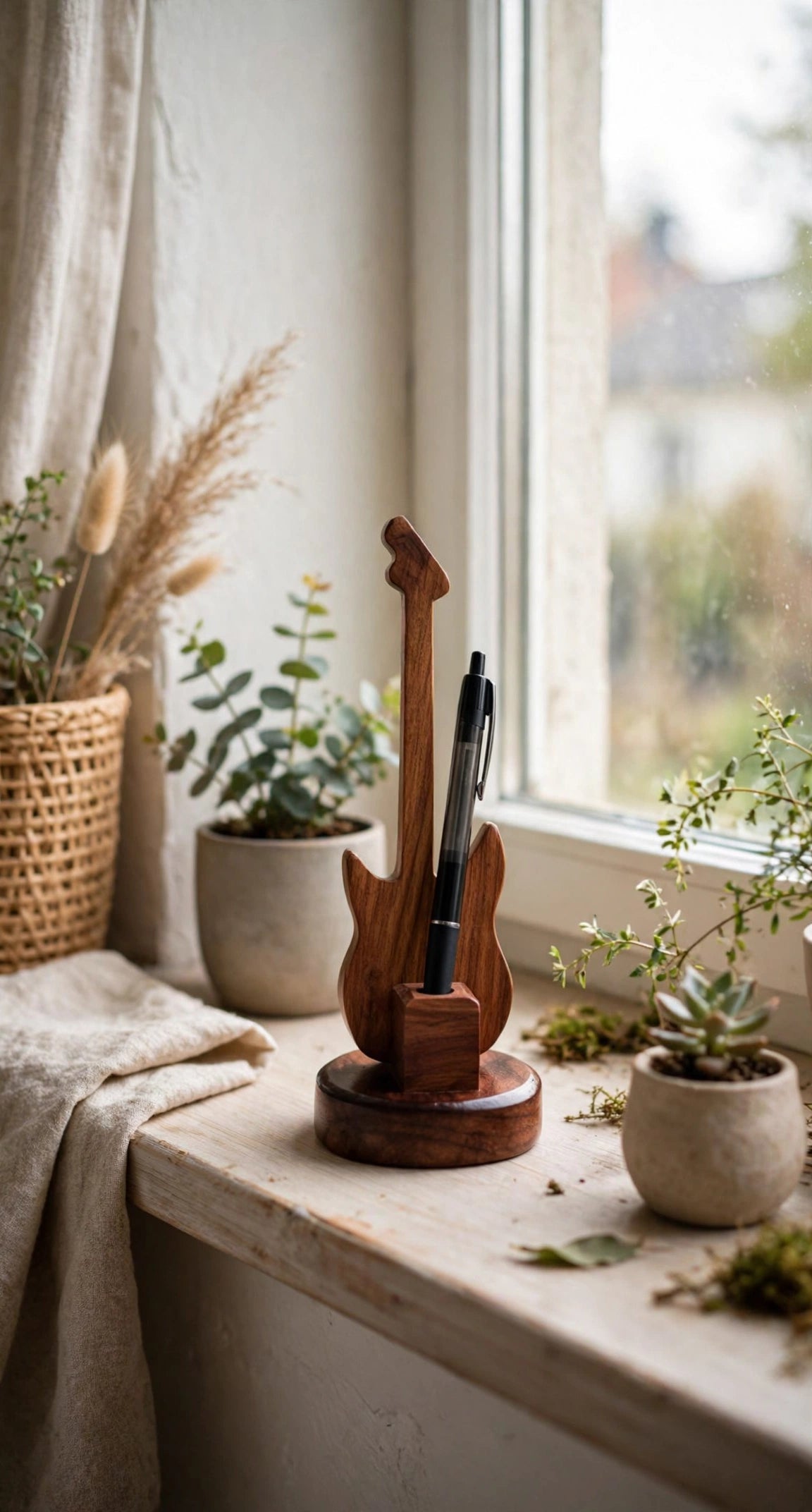 Handmade Sheesham Wood Pen Holder – Feather & Guitar