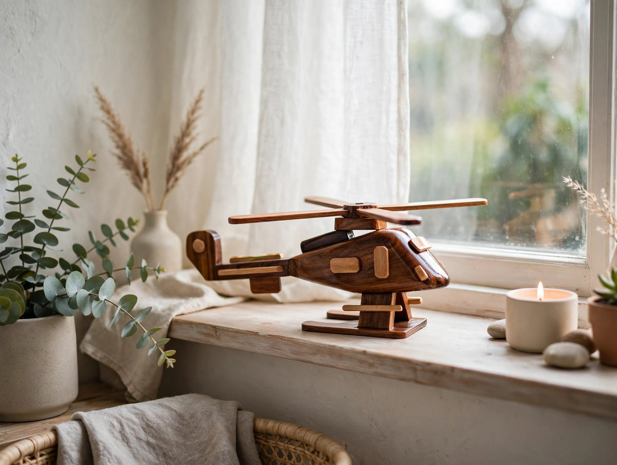 Handmade Wooden Helicopter Model – Rustic Wood Decor