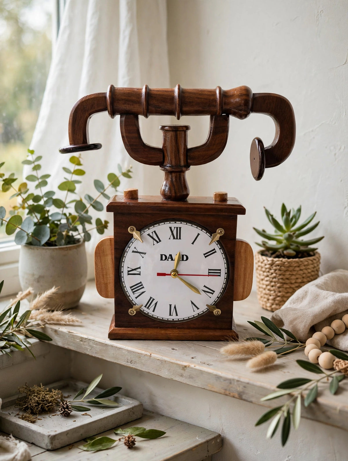 Handmade Wooden Table Clock – Rustic Vintage Bicycle Handlebar Design ⏰