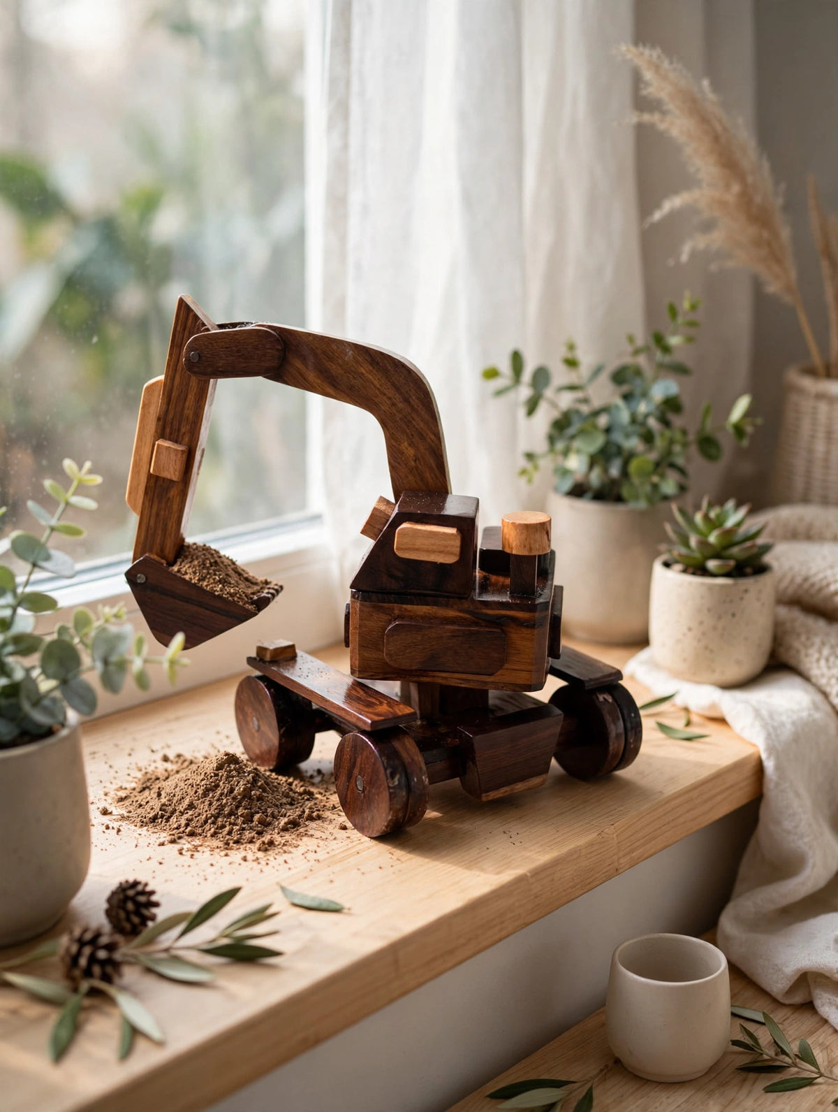 Wooden Excavator Model – Rustic Construction Vehicle Decor