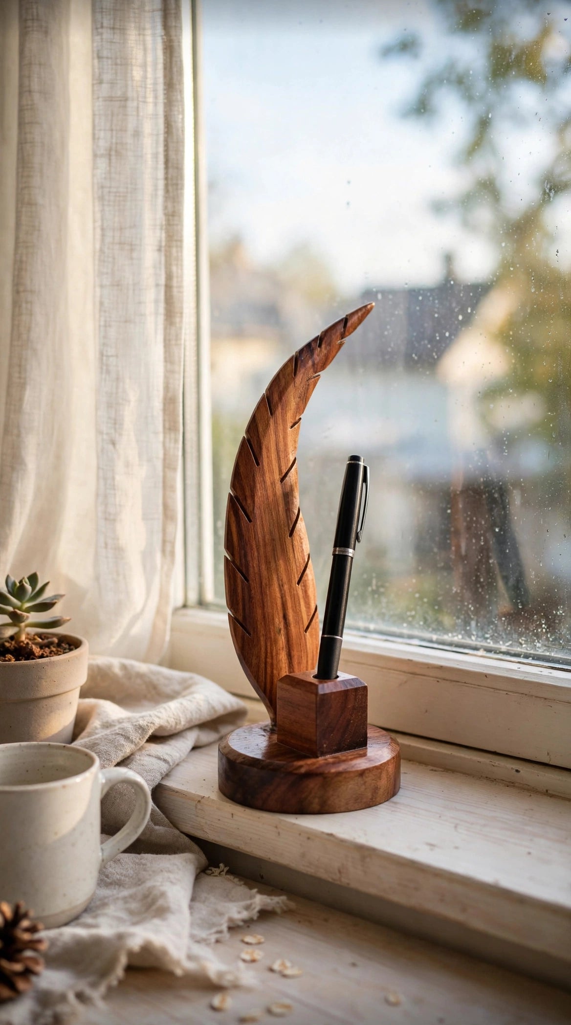 Handmade Sheesham Wood Pen Holder – Feather & Guitar