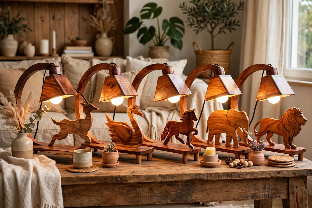 Handcrafted Sheesham Wood Animal Table Lamp – Deer, Horse, Swan, Elephant & Lion Designs