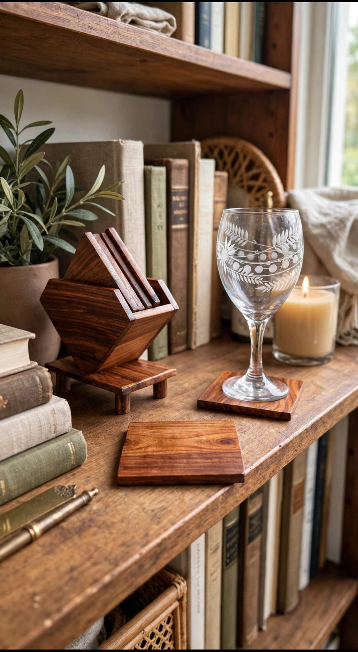Sheesham Wood Coaster Set with Holder – Natural Wooden Drink Coasters