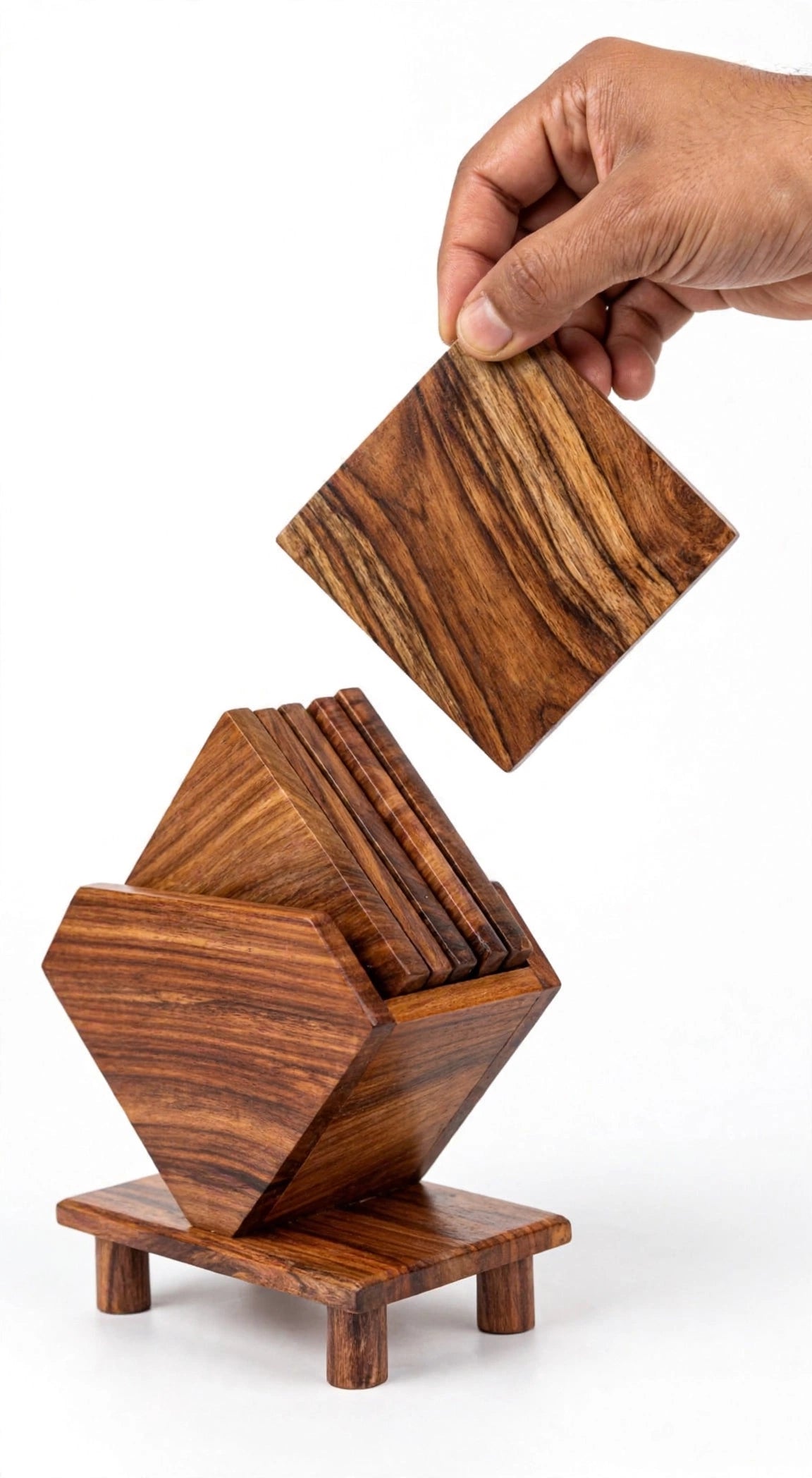Sheesham Wood Coaster Set with Holder – Natural Wooden Drink Coasters