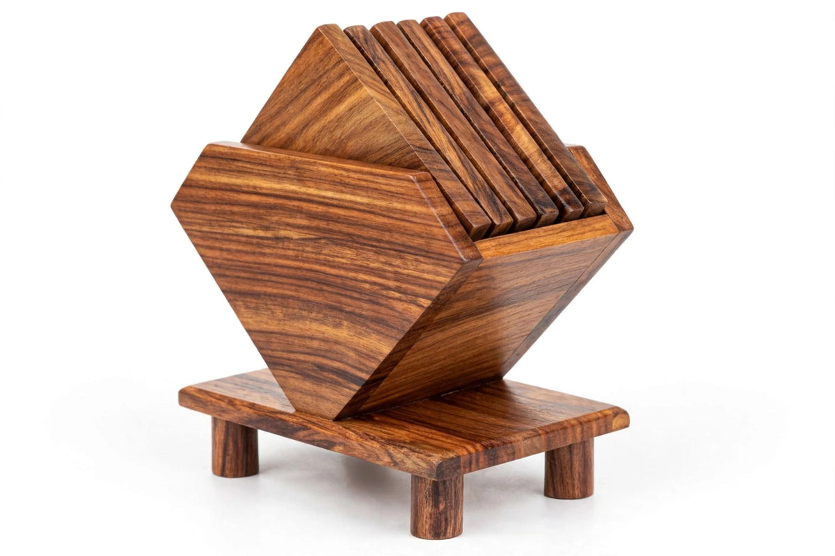 Sheesham Wood Coaster Set with Holder – Natural Wooden Drink Coasters