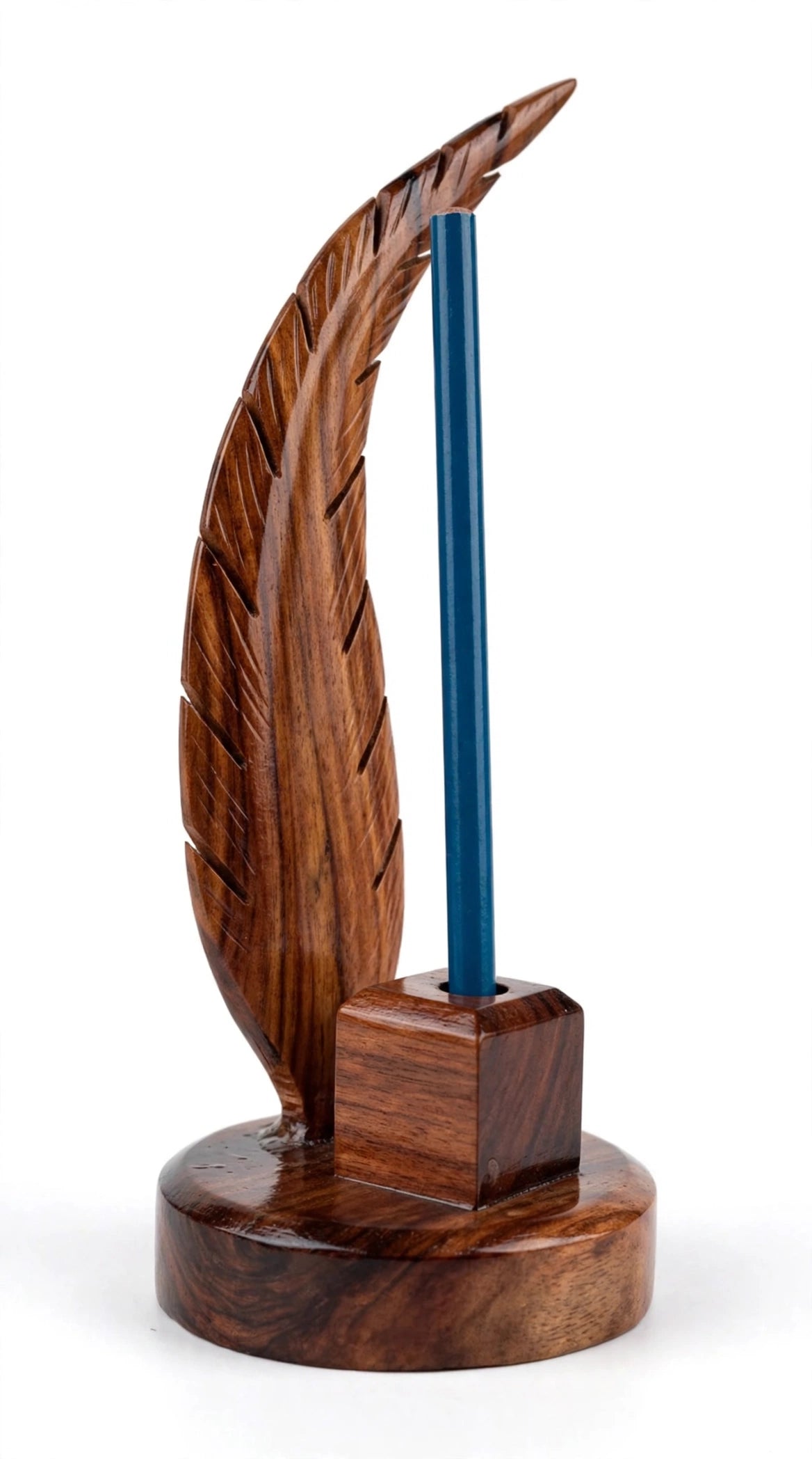 Handmade Sheesham Wood Pen Holder – Feather & Guitar