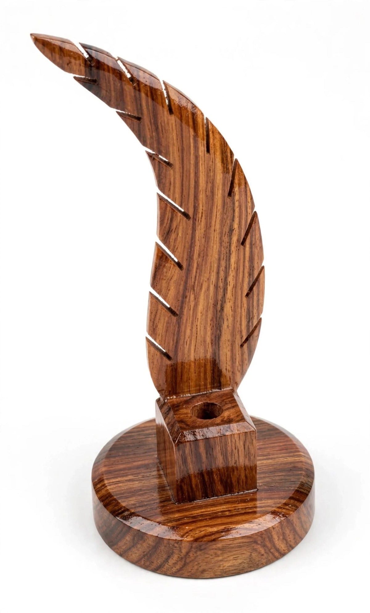 Handmade Sheesham Wood Pen Holder – Feather & Guitar