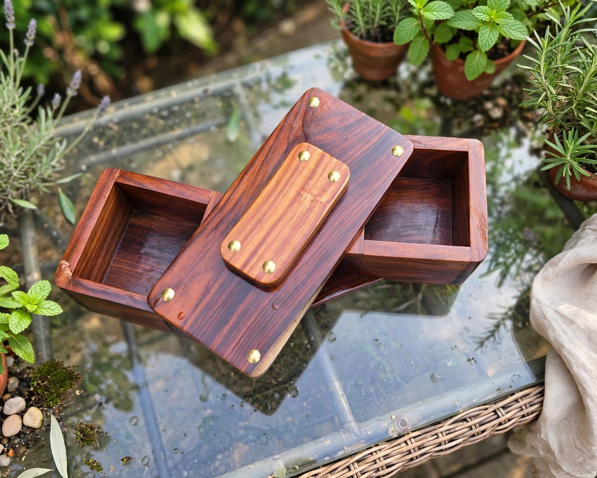 Sheesham Wood Swivel Storage Box – Rustic Wooden Organizer & Keepsake Box