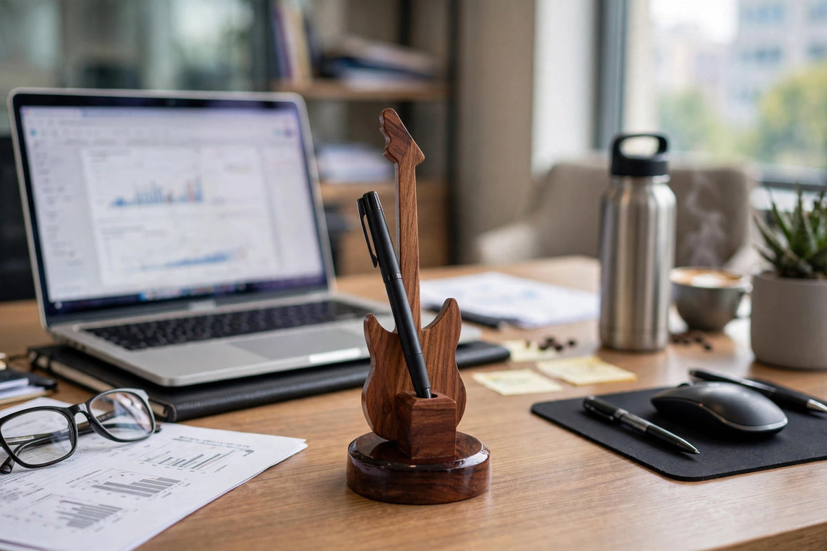 Handmade Sheesham Wood Pen Holder – Feather & Guitar