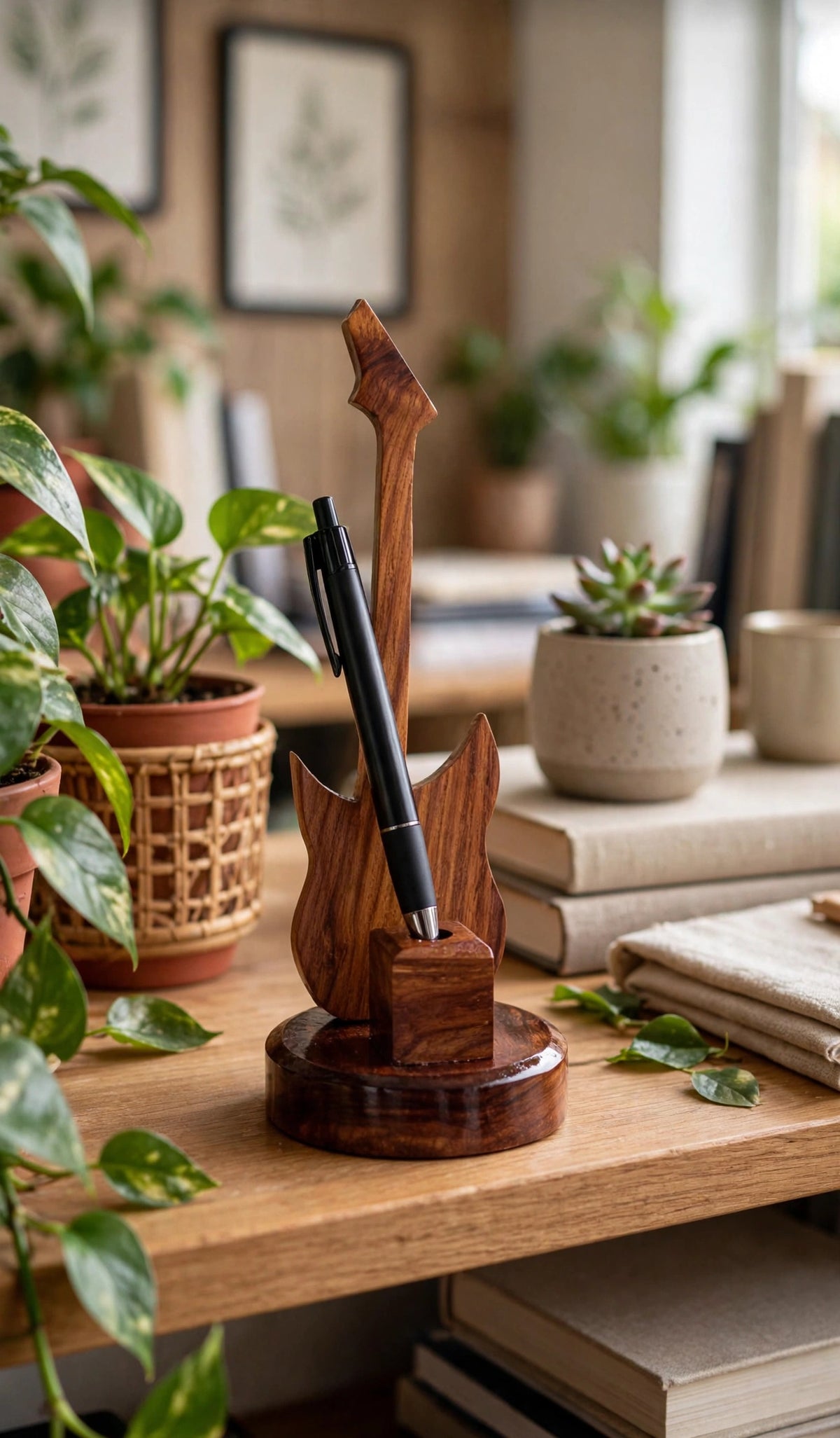 Handmade Sheesham Wood Pen Holder – Feather & Guitar