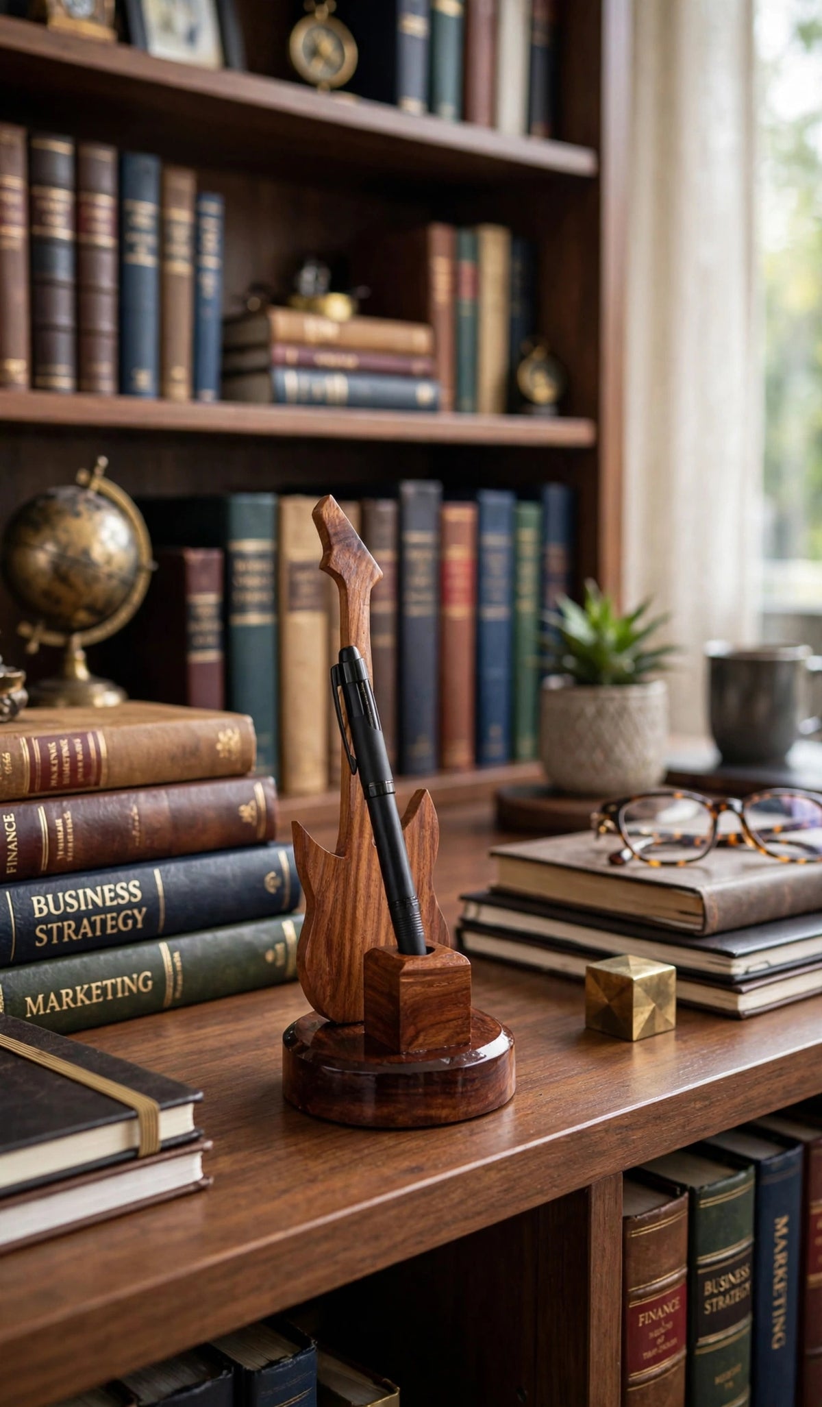 Handmade Sheesham Wood Pen Holder – Feather & Guitar