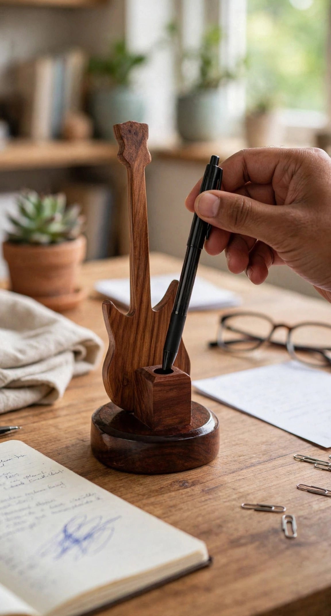 Handmade Sheesham Wood Pen Holder – Feather & Guitar