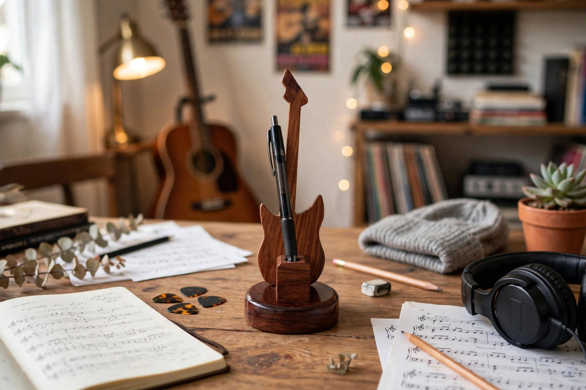 Handmade Sheesham Wood Pen Holder – Feather & Guitar