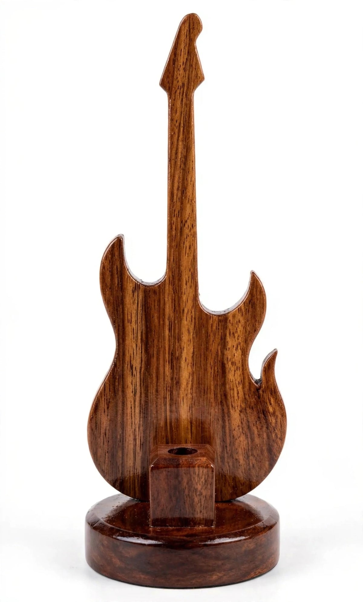 Handmade Sheesham Wood Pen Holder – Feather & Guitar