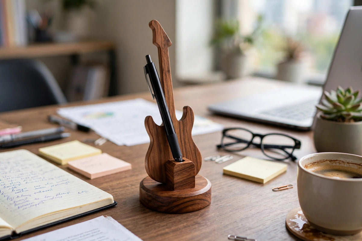 Handmade Sheesham Wood Pen Holder – Feather & Guitar
