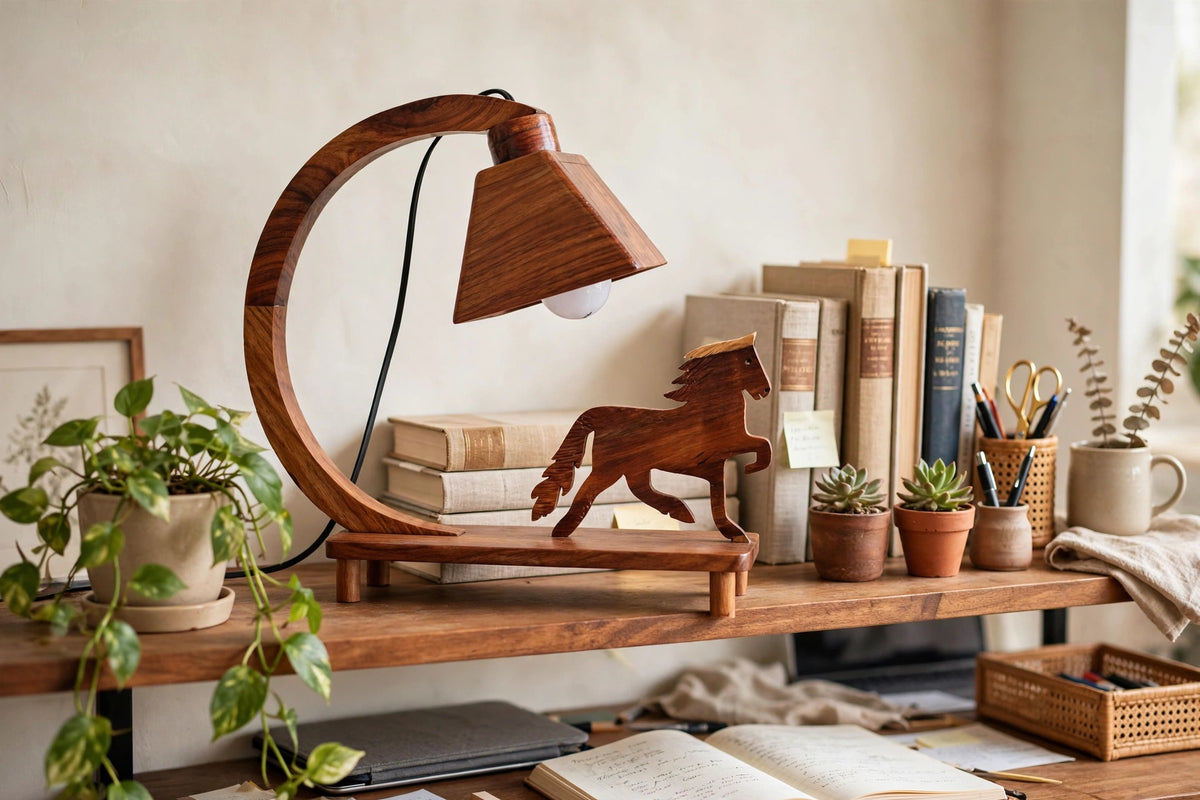 Handcrafted Sheesham Wood Animal Table Lamp – Deer, Horse, Swan, Elephant & Lion Designs