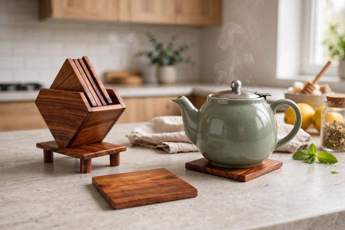 Sheesham Wood Coaster Set with Holder – Natural Wooden Drink Coasters