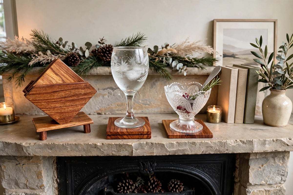 Sheesham Wood Coaster Set with Holder – Natural Wooden Drink Coasters