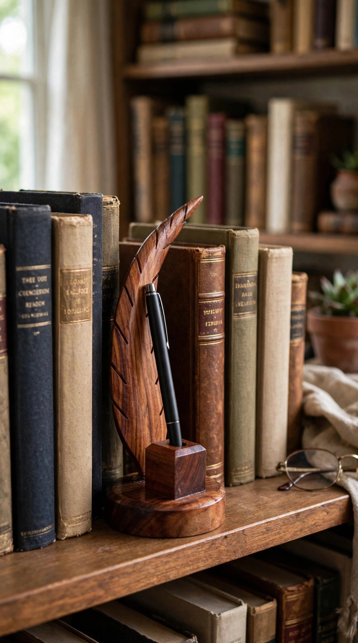 Handmade Sheesham Wood Pen Holder – Feather & Guitar