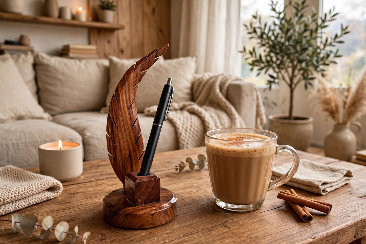 Handmade Sheesham Wood Pen Holder – Feather & Guitar