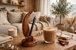 Handmade Sheesham Wood Pen Holder – Feather & Guitar