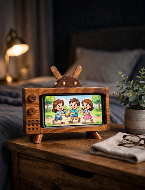 Handmade Sheesham Wood Retro TV Phone Stand – Vintage Desk Decor