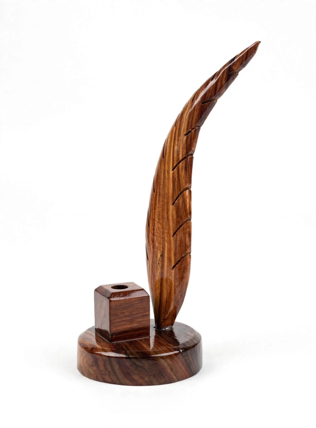 Handmade Sheesham Wood Pen Holder – Feather & Guitar