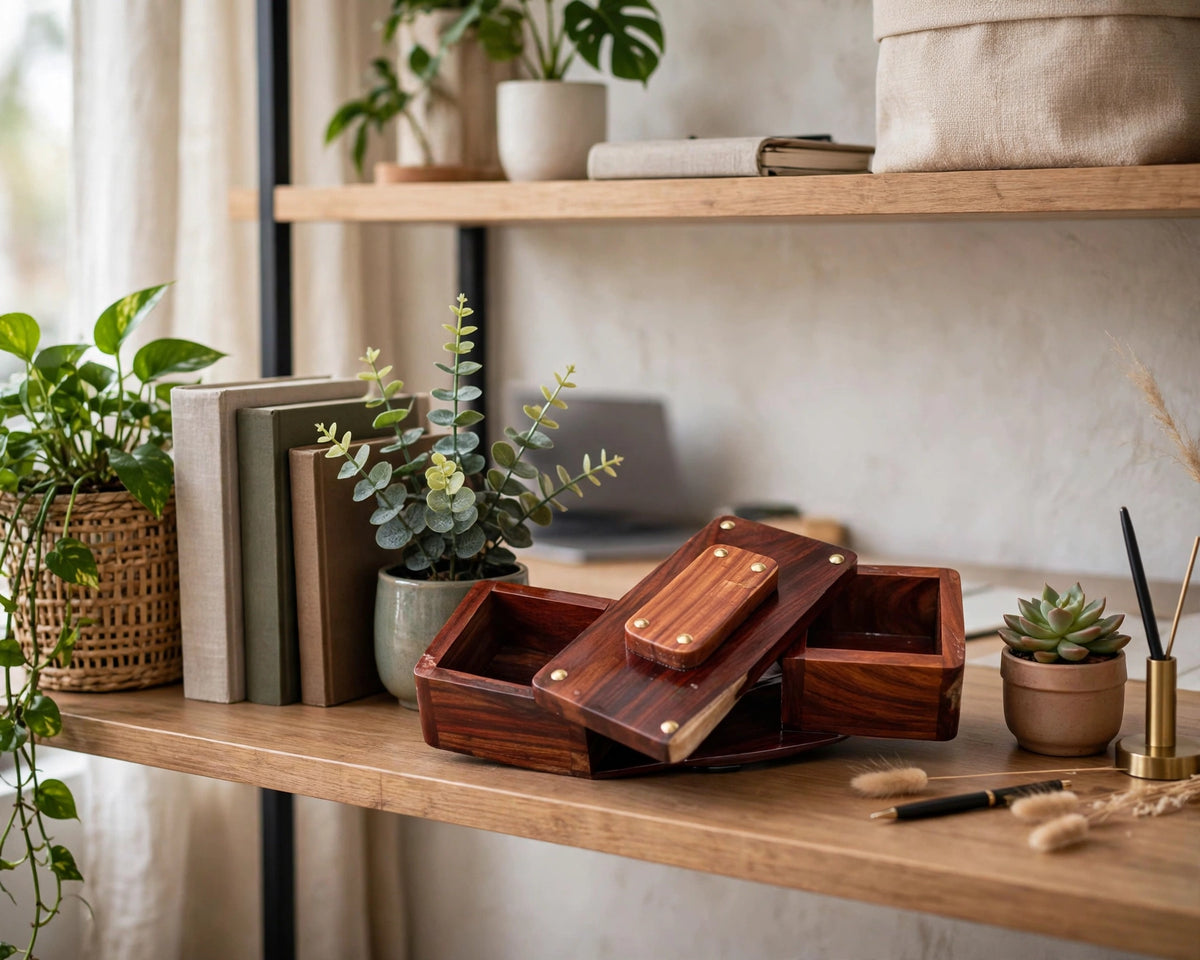 Sheesham Wood Swivel Storage Box – Rustic Wooden Organizer & Keepsake Box