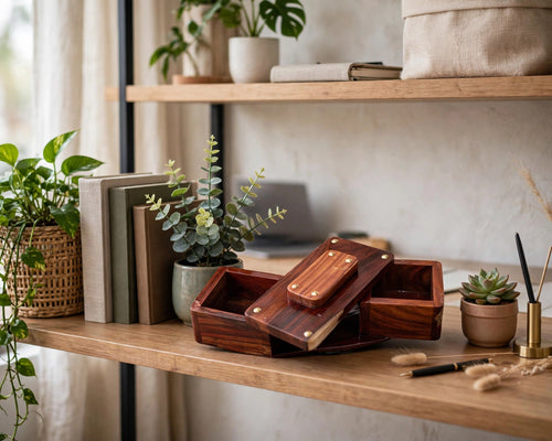 Sheesham Wood Swivel Storage Box – Rustic Wooden Organizer & Keepsake Box