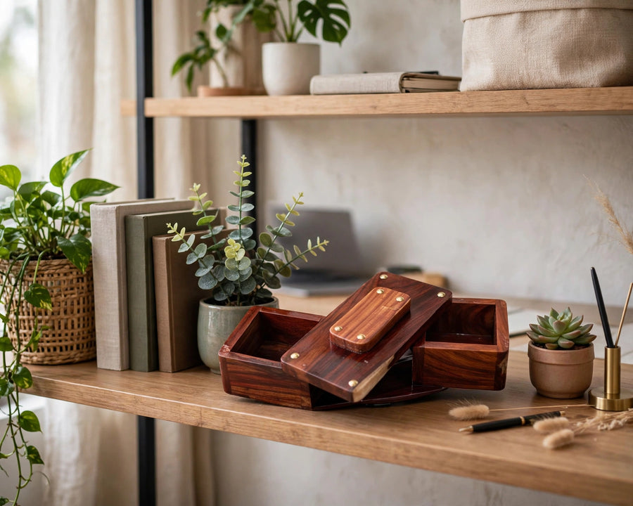 Sheesham Wood Swivel Storage Box – Rustic Wooden Organizer & Keepsake Box