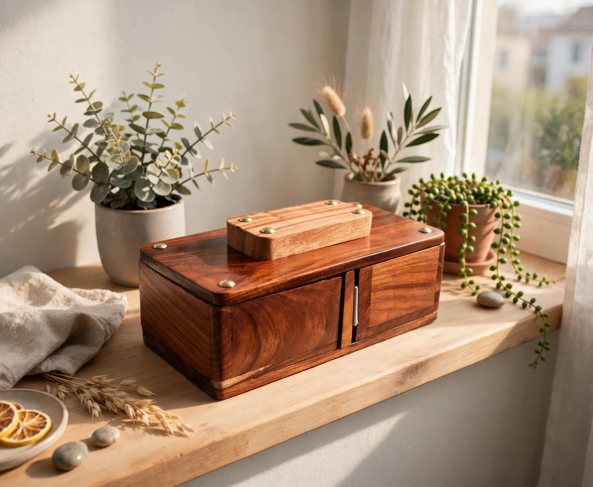 Sheesham Wood Swivel Storage Box – Rustic Wooden Organizer & Keepsake Box