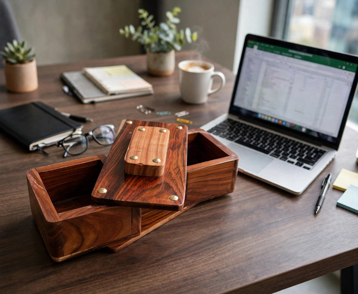 Sheesham Wood Swivel Storage Box – Rustic Wooden Organizer & Keepsake Box