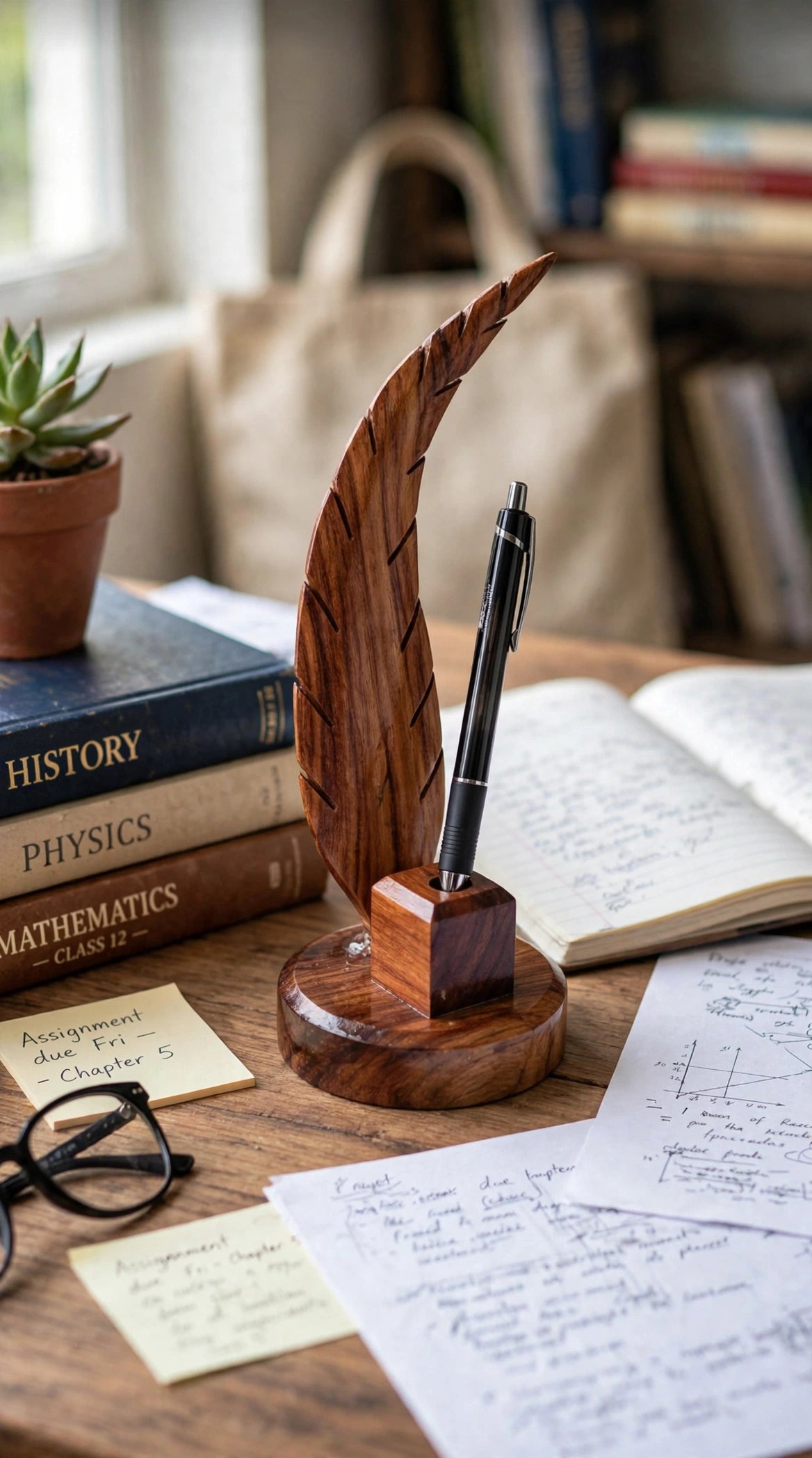 Handmade Sheesham Wood Pen Holder – Feather & Guitar