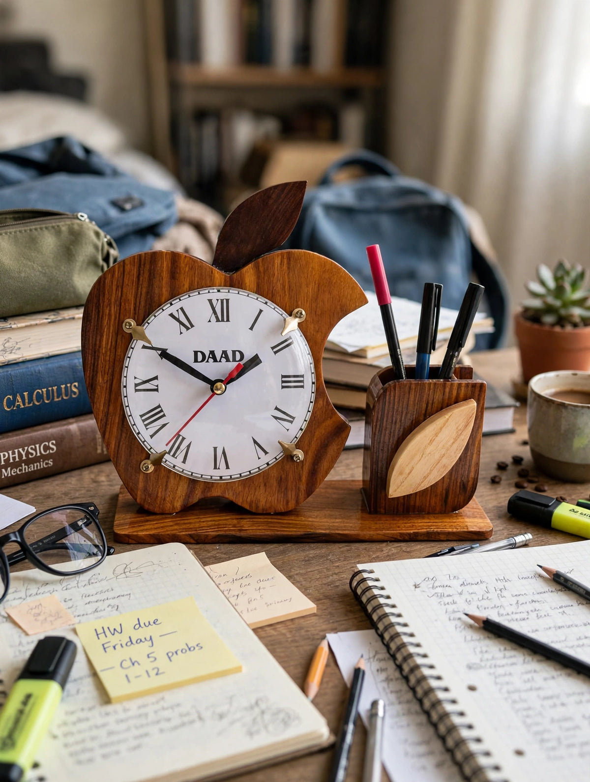 Wooden Apple Desk Clock with Pen Holder | Handmade Office Organizer & Custom Gift