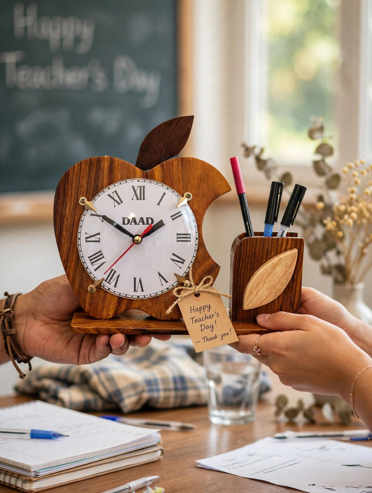 Wooden Apple Desk Clock with Pen Holder | Handmade Office Organizer & Custom Gift