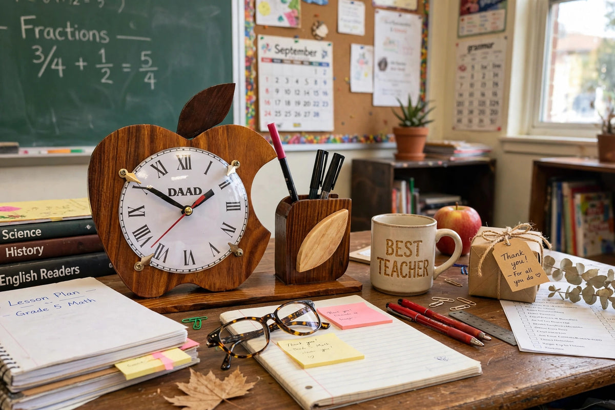 Wooden Apple Desk Clock with Pen Holder | Handmade Office Organizer & Custom Gift