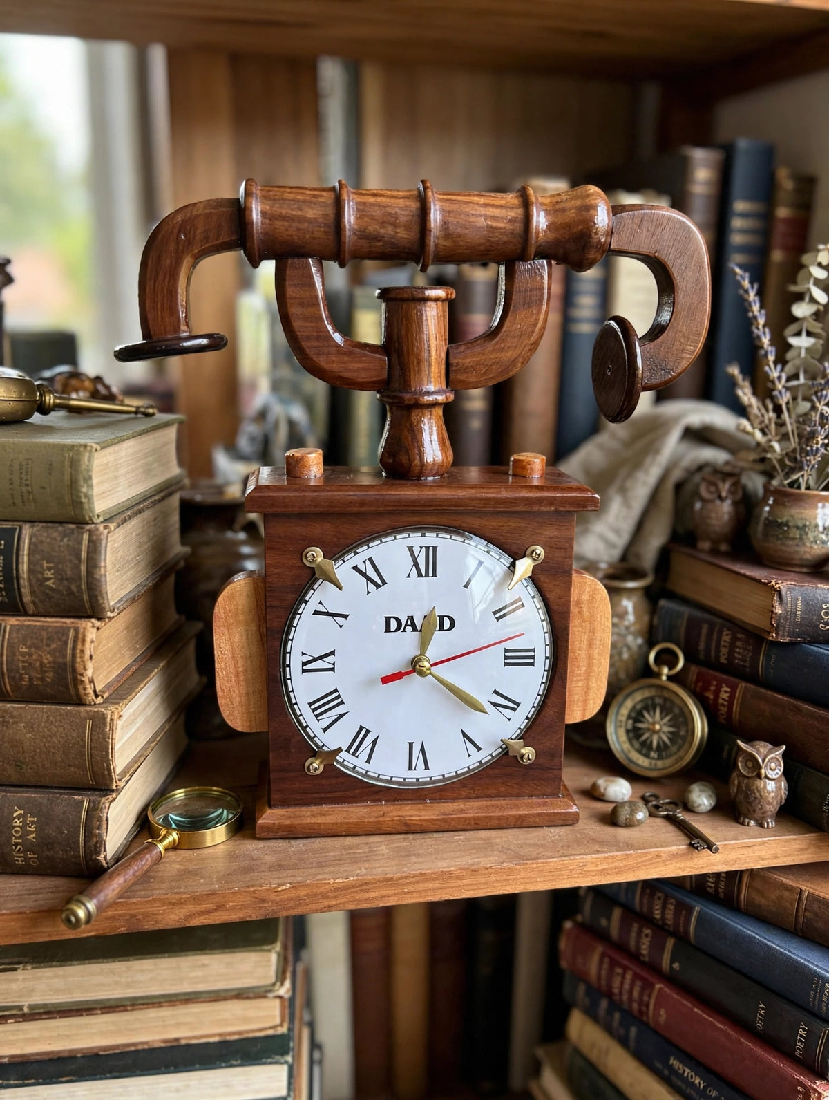 Handmade Wooden Table Clock – Rustic Vintage Bicycle Handlebar Design ⏰