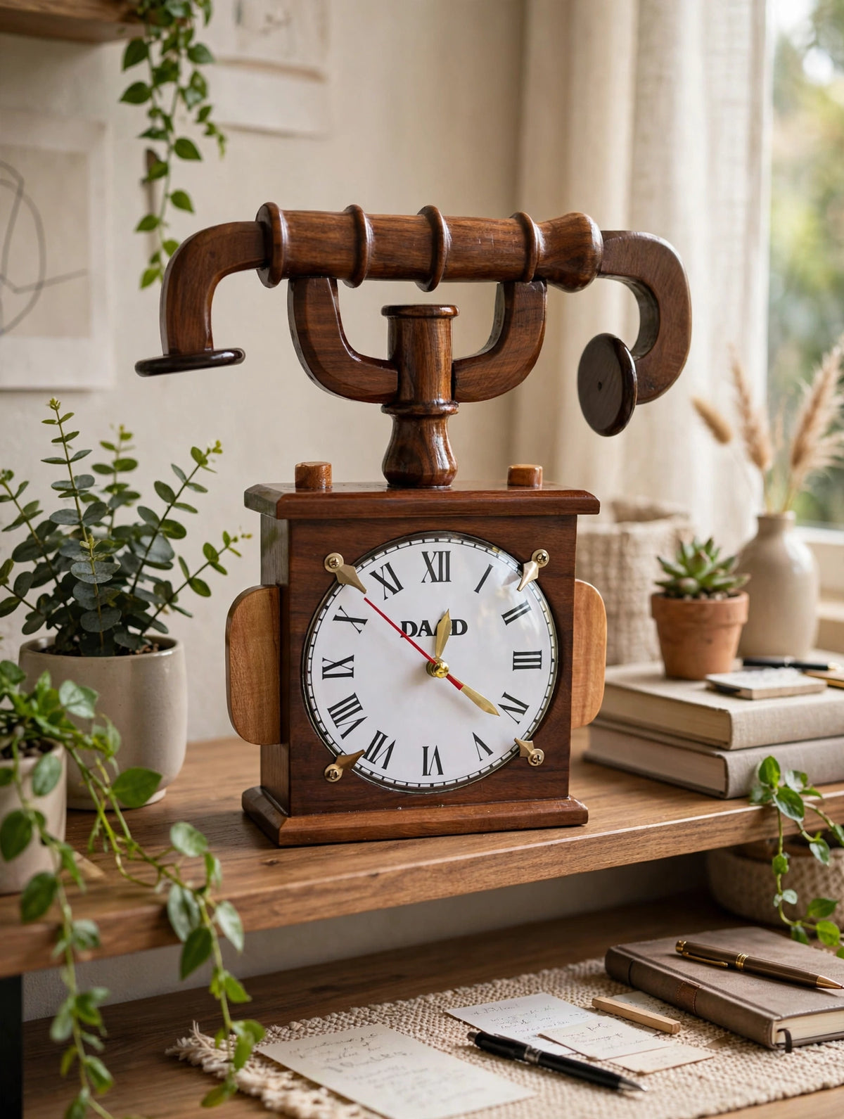 Handmade Wooden Table Clock – Rustic Vintage Bicycle Handlebar Design ⏰