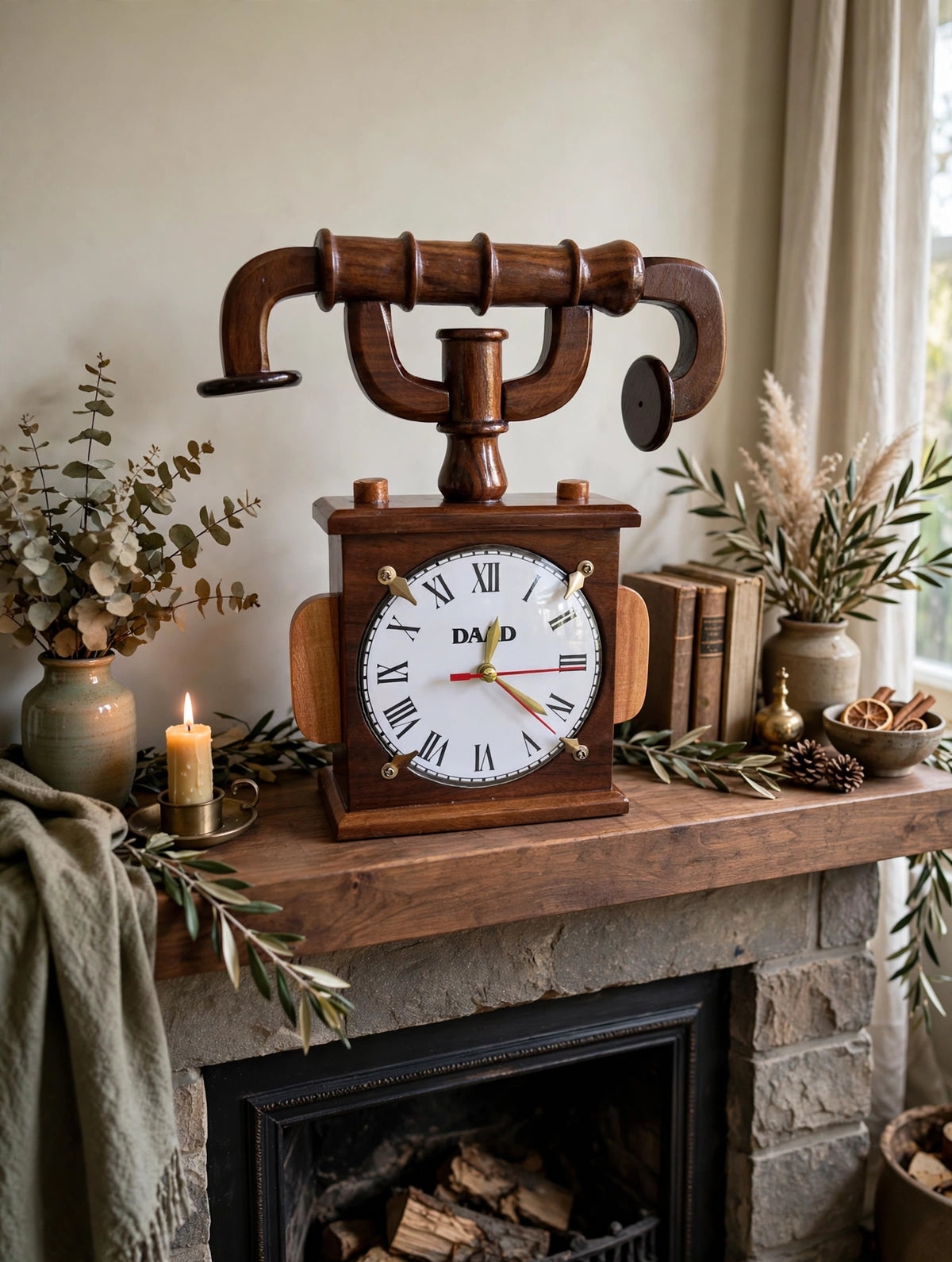 Handmade Wooden Table Clock – Rustic Vintage Bicycle Handlebar Design ⏰