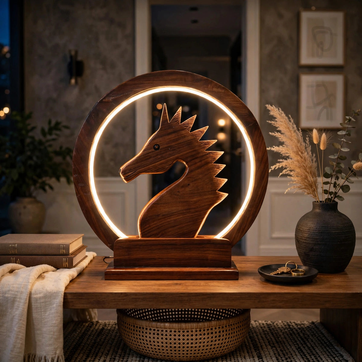 Handcrafted Wooden Horse LED Lamp