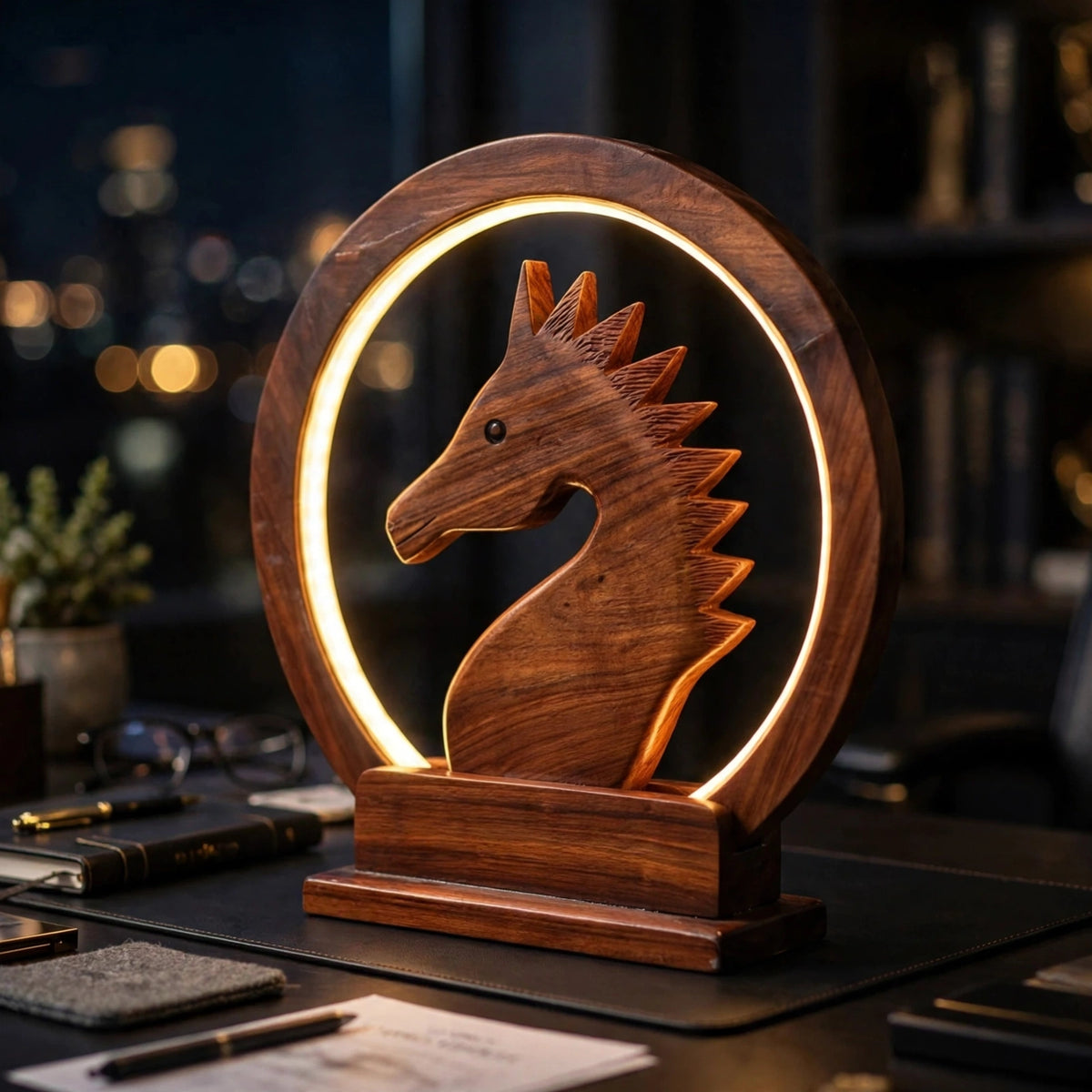 Handcrafted Wooden Horse LED Lamp