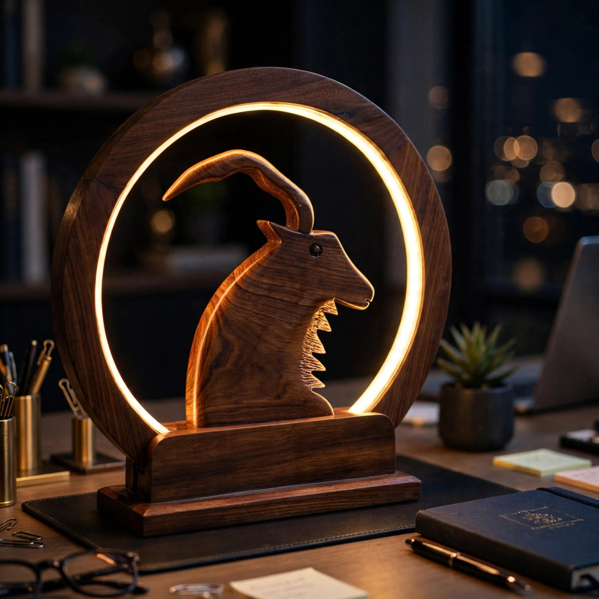 Handcrafted Wooden Markhor LED Lamp