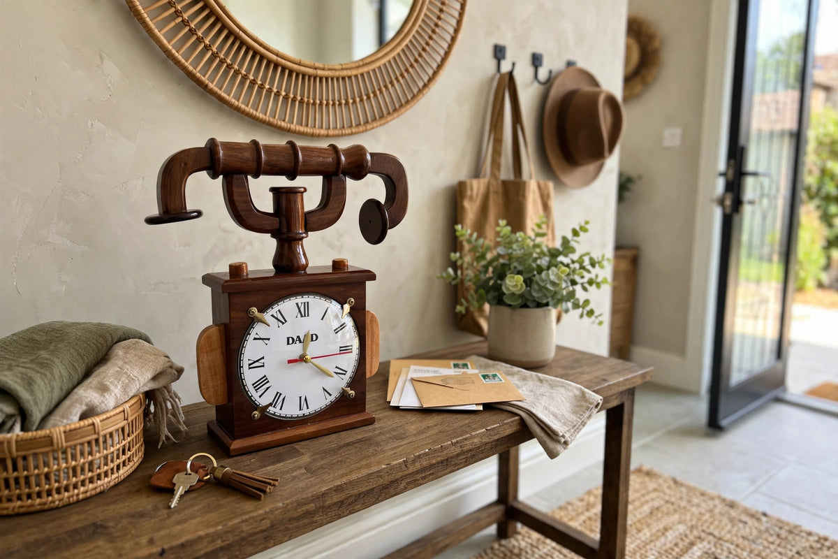 Handmade Wooden Table Clock – Rustic Vintage Bicycle Handlebar Design ⏰