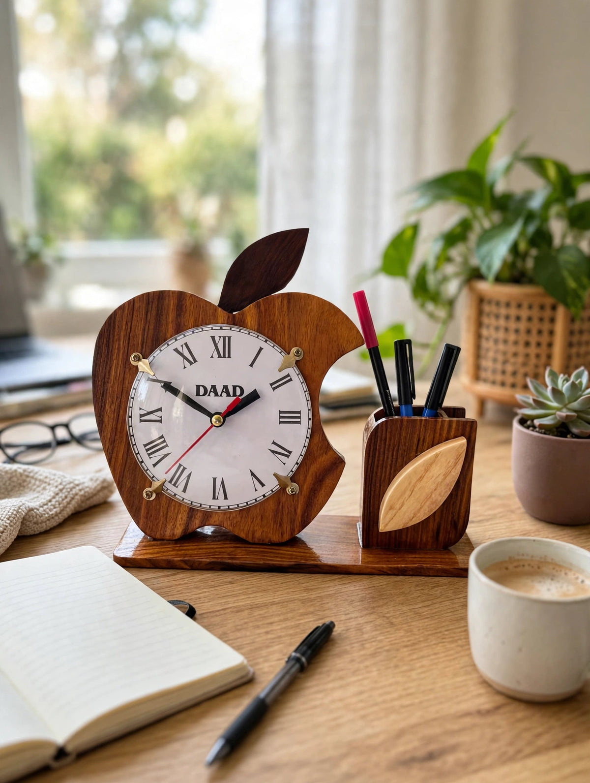 Wooden Apple Desk Clock with Pen Holder | Handmade Office Organizer & Custom Gift