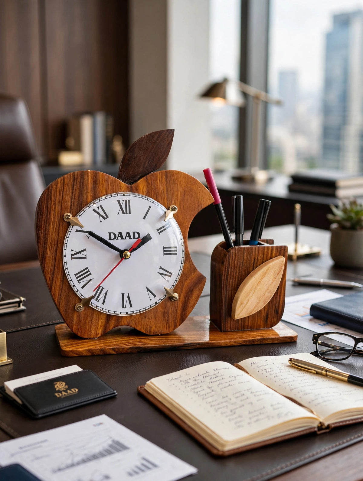 Wooden Apple Desk Clock with Pen Holder | Handmade Office Organizer & Custom Gift